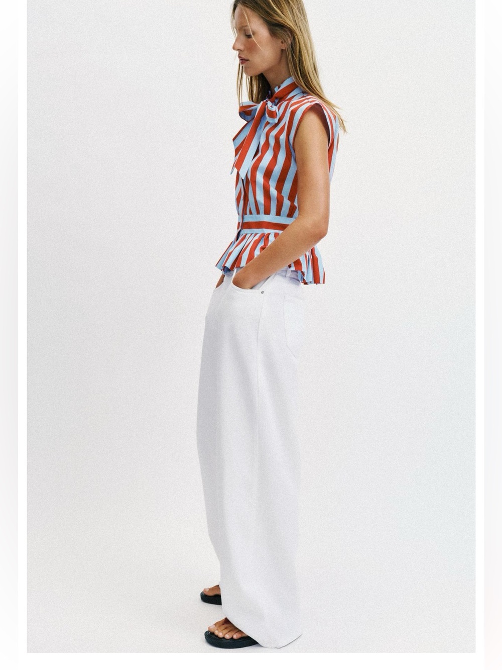 ZARA NEW WOMAN KNOTTED STRIPED BLOUSE RUFFLE REH RED BLUE - Picture 4 of 9